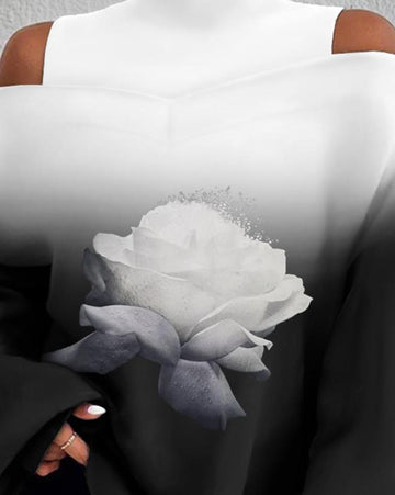 Yipinpay Woman Blouses Shirt Letter Ombre Print Cold Shoulder Lantern Sleeve Pullover Top Autumn Winter New Female Casual